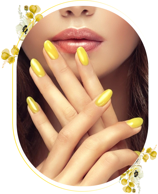 Perfectly shaped beautiful lips colored by rose lipstick slender fingers with yellow manicure nails dense hair is surrounding close up detail woman face fashion makeup manicure